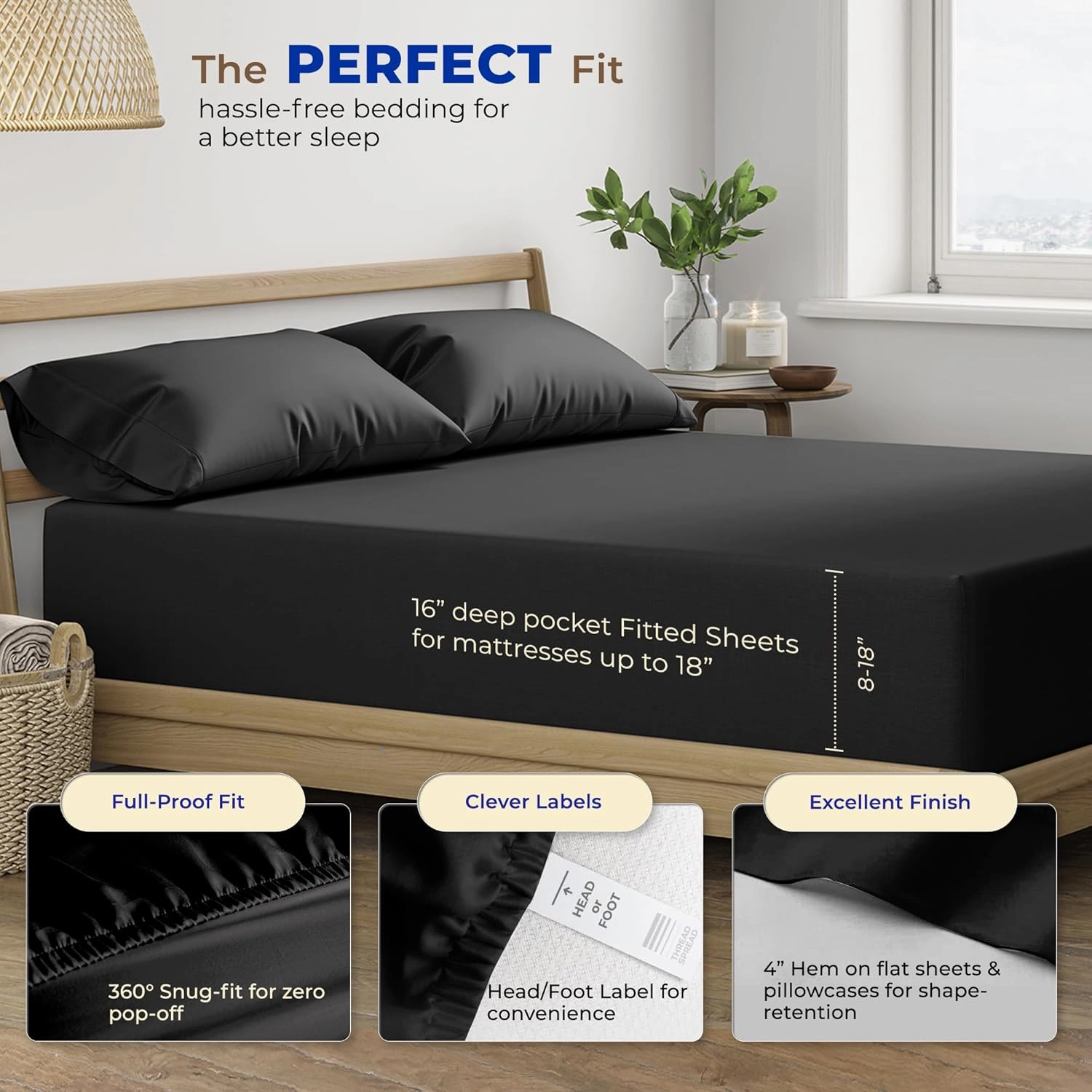 THREAD SPREAD Luxury King Size Sheets Set Egyptian Cotton - 600 Thread Count Sheets King 4 PC Luxury Sheets King Size, 16" Deep Pocket, Soft, Cooling Sateen Weave Hotel Luxury Bed Sheets Set - Black
