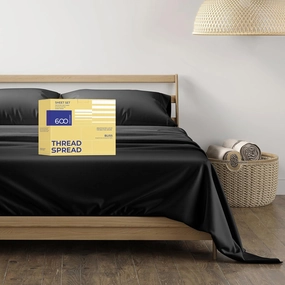 THREAD SPREAD Luxury King Size Sheets Set Egyptian Cotton - 600 Thread Count Sheets King 4 PC Luxury Sheets King Size, 16" Deep Pocket, Soft, Cooling Sateen Weave Hotel Luxury Bed Sheets Set - Black