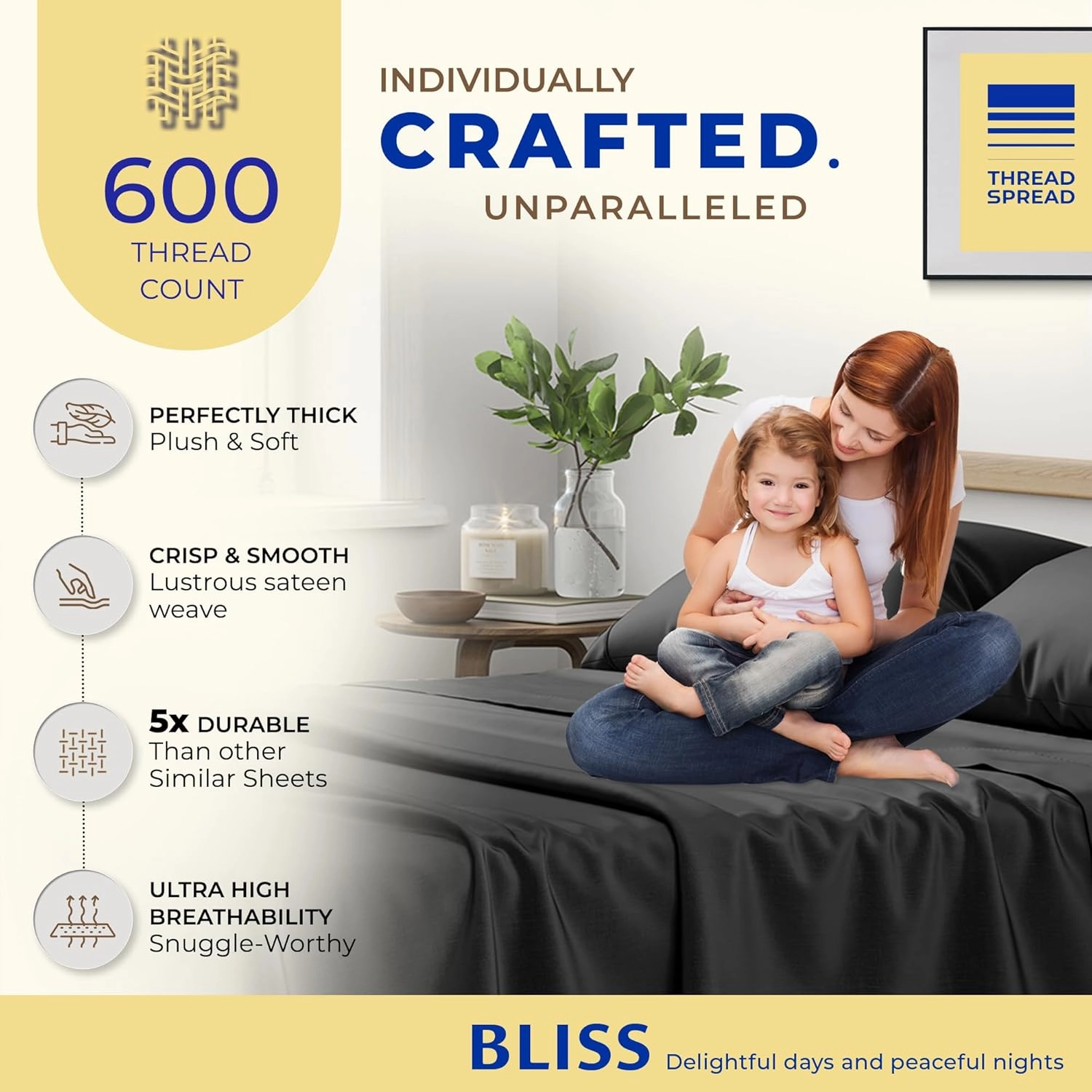 THREAD SPREAD Luxury King Size Sheets Set Egyptian Cotton - 600 Thread Count Sheets King 4 PC Luxury Sheets King Size, 16" Deep Pocket, Soft, Cooling Sateen Weave Hotel Luxury Bed Sheets Set - Black