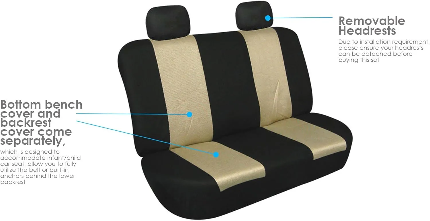 TLH Classic Cloth Automotive Car Seat Covers Rear Set, Beige Universal Fit Car Seat Covers Protector for Cars, Auto, Trucks, SUV