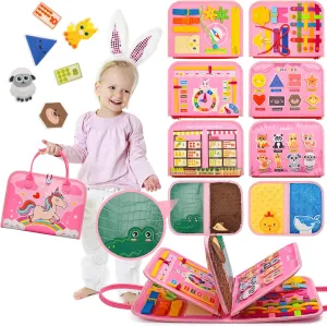 Toddler Busy Board Montessori Toys, Sensory Board Busy Book, Busy Board for Toddlers 2-4, Preschool Learning Activities with Life, Unicorns Pink, 8 Pages and 2 Pages Sensory Mats