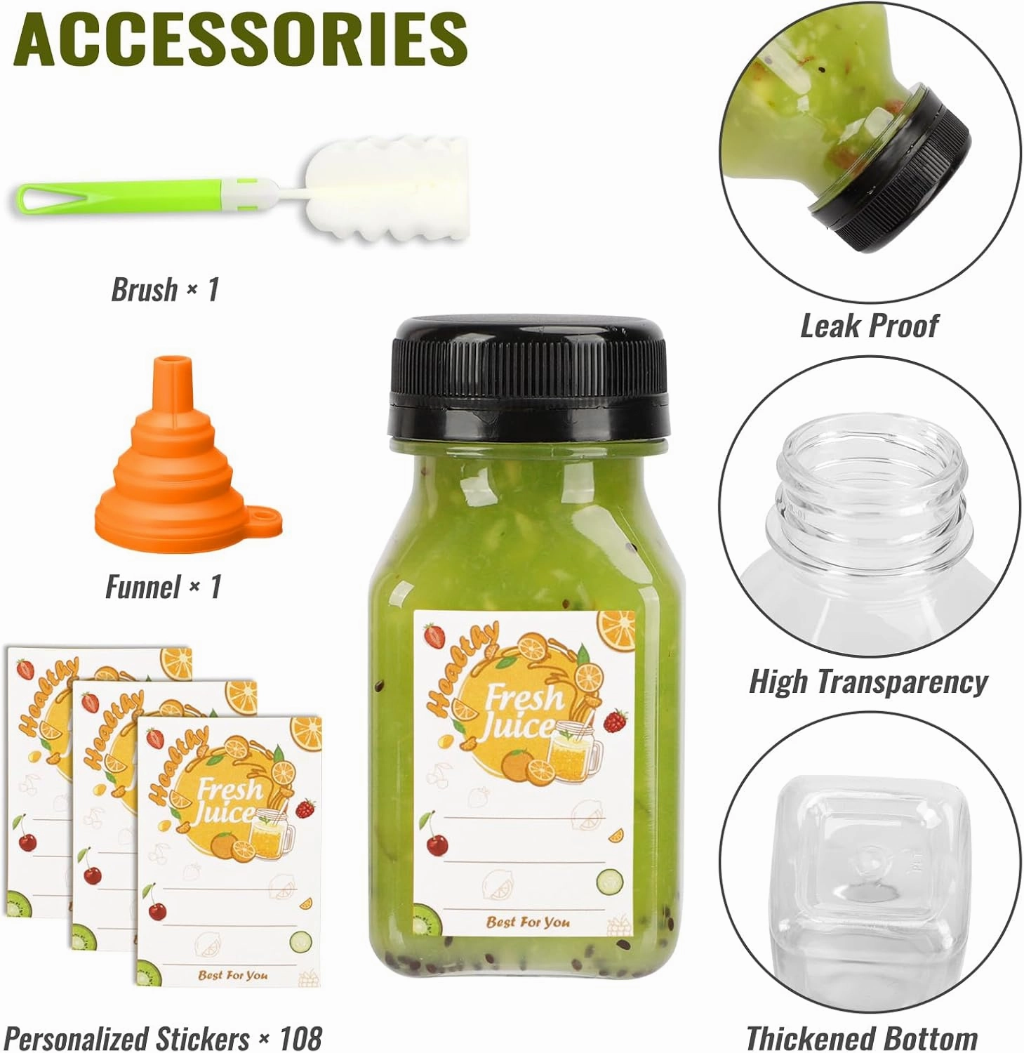 TOMNK 105pcs 4oz Bottles, Reusable Small Juice Bottles with Lids, Labels, Funnel and Brush Beverage Containers for Juicing, Milk and Beverages