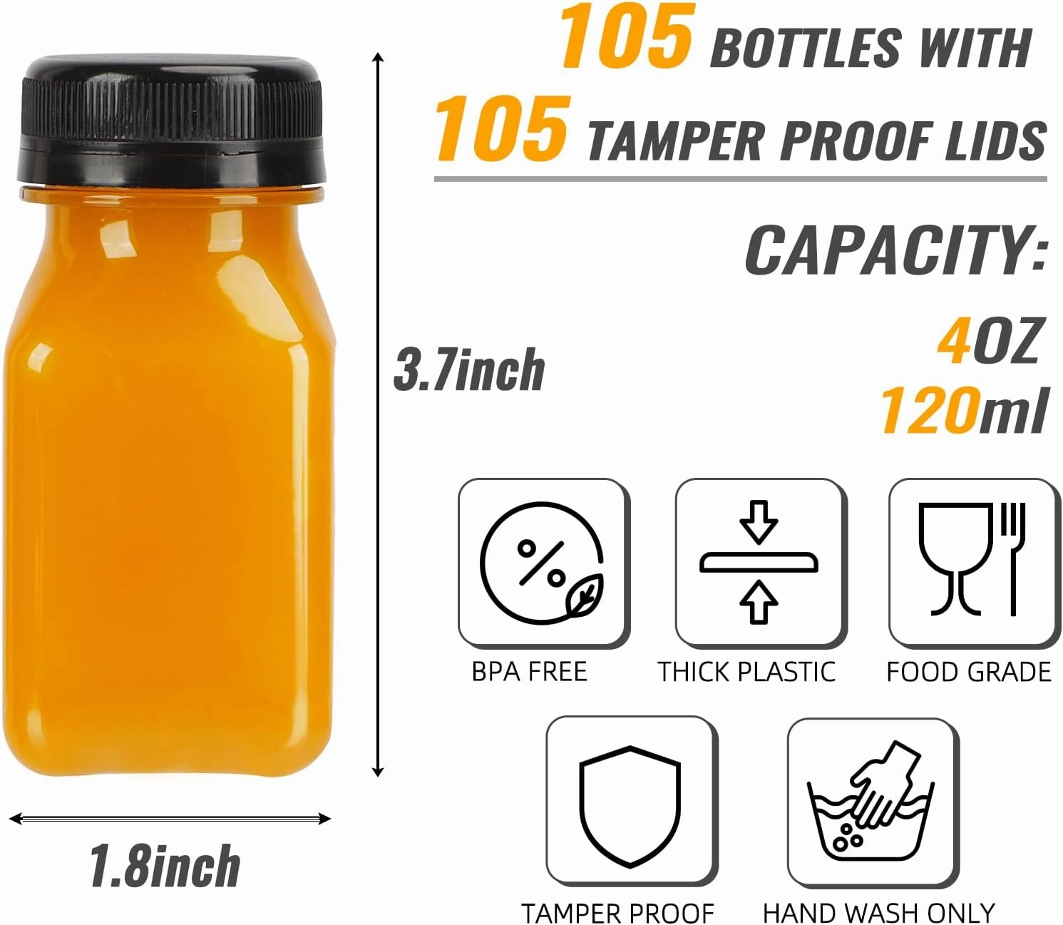 TOMNK 105pcs 4oz Bottles, Reusable Small Juice Bottles with Lids, Labels, Funnel and Brush Beverage Containers for Juicing, Milk and Beverages