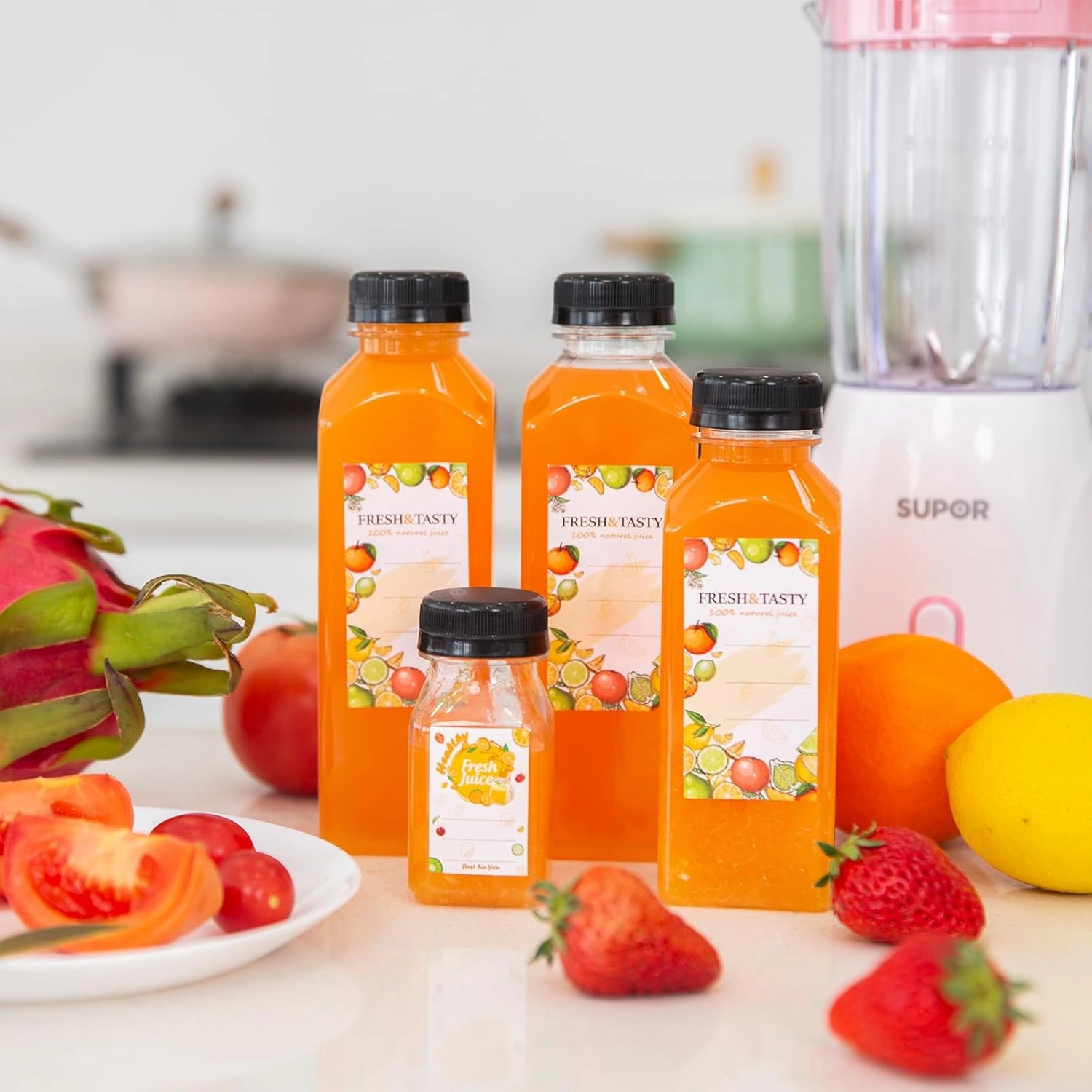 TOMNK 105pcs 4oz Bottles, Reusable Small Juice Bottles with Lids, Labels, Funnel and Brush Beverage Containers for Juicing, Milk and Beverages
