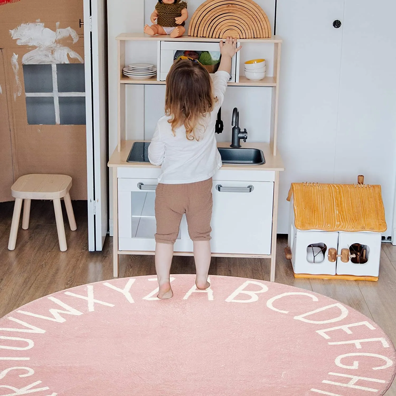 Topotdor Round Kids Play Rug Alphabet Nursery Area Rug Extra Large Soft Crawling Play Mat for Children Toddlers Bedroom (71 inch, Pink)