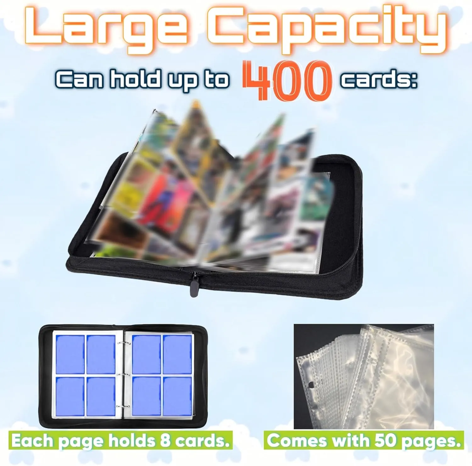 Trading Card Binder, 4 Pockets 400 Cards Holder with 50 Removable Sleeves Card Book Card Organizer for Game Cards Sports Cards Album Gifts for Card Collectors