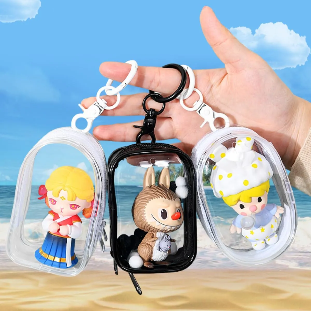 Transparent PVC Doll Display Bag with Keychain and Plush Ball, Waterproof Blind Box, Storage Box, Hanging on Backpack, Handbag, Mini Figures, Collectible Bag (without