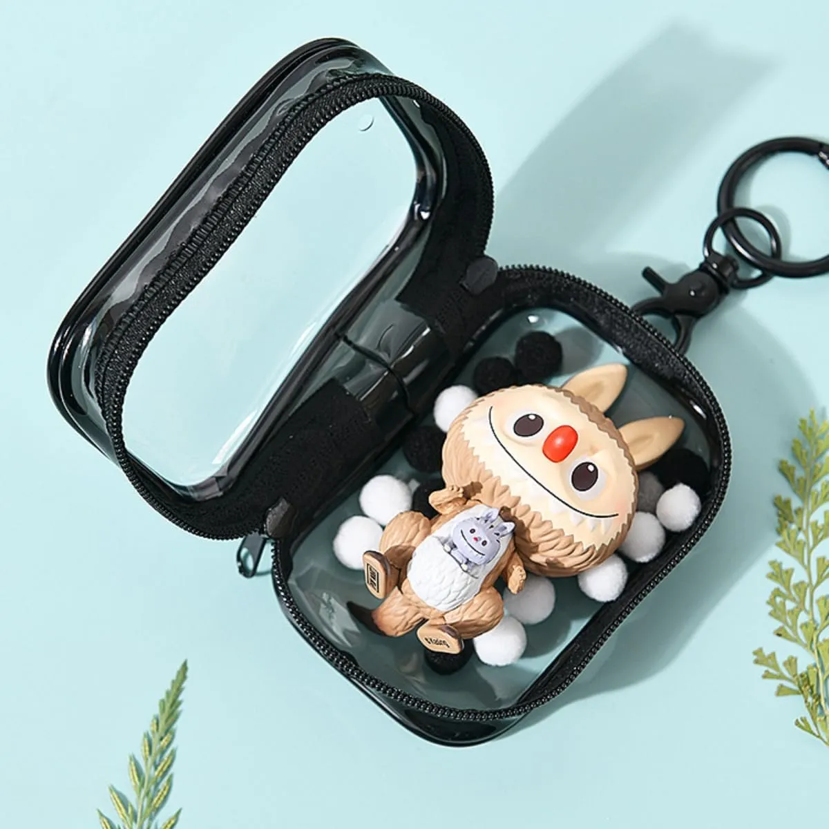 Transparent PVC Doll Display Bag with Keychain and Plush Ball, Waterproof Blind Box, Storage Box, Hanging on Backpack, Handbag, Mini Figures, Collectible Bag (without