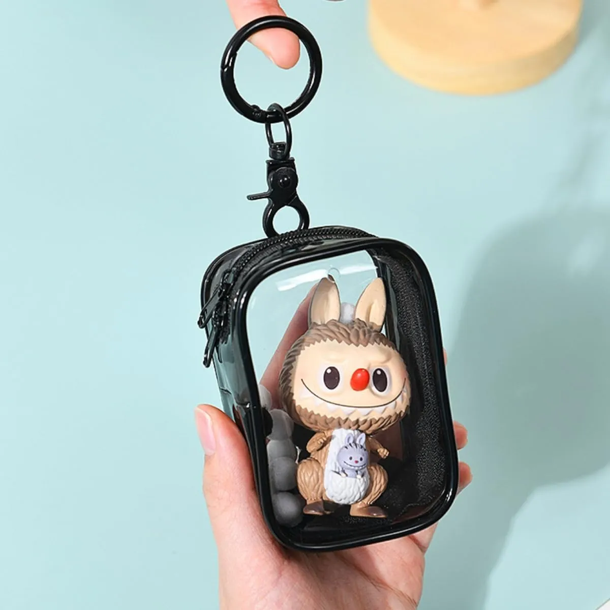 Transparent PVC Doll Display Bag with Keychain and Plush Ball, Waterproof Blind Box, Storage Box, Hanging on Backpack, Handbag, Mini Figures, Collectible Bag (without