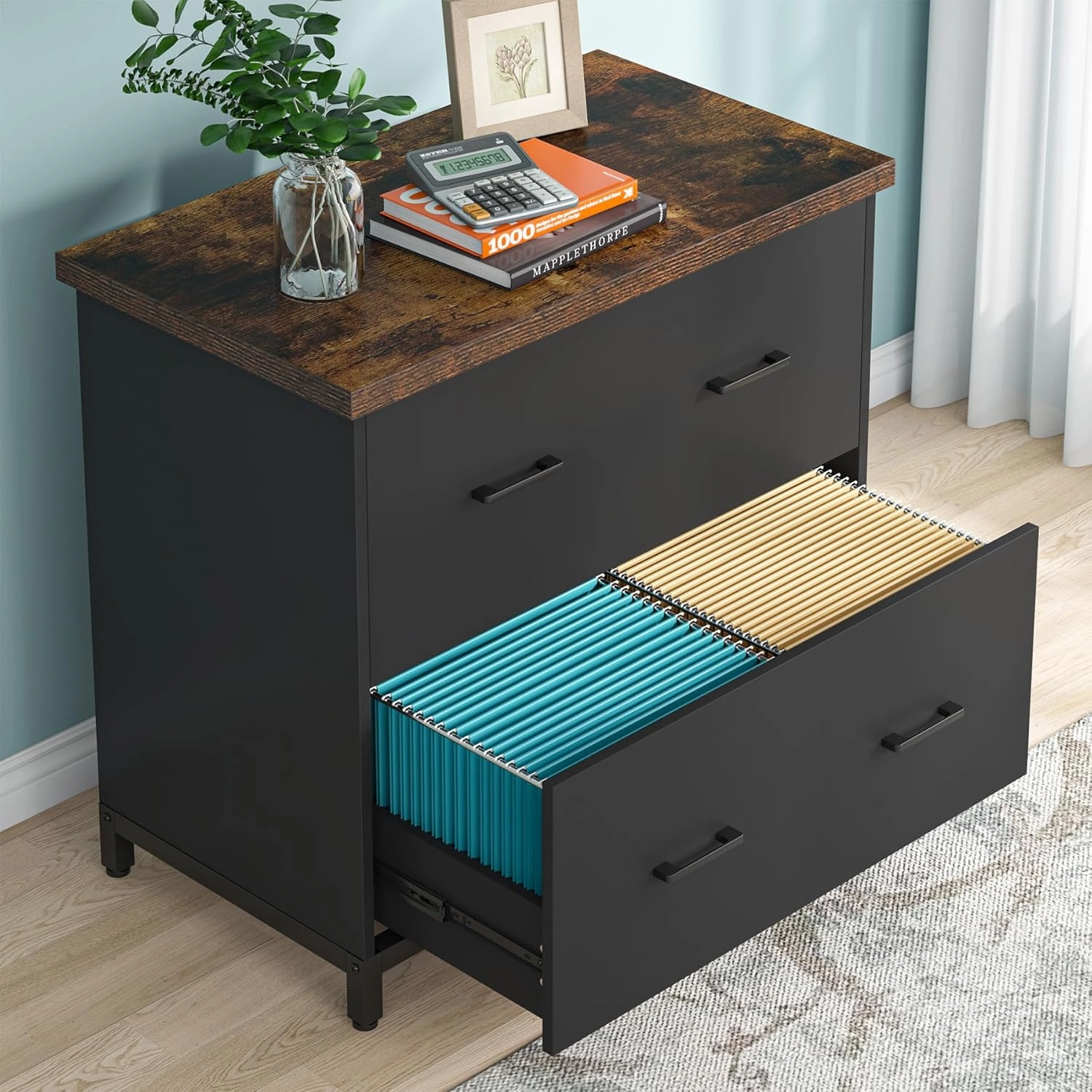 Tribesigns 2-Drawer File Cabinet, Wood Lateral Filing Cabinet for Home Office, A4, Letter Size, Brown and Black