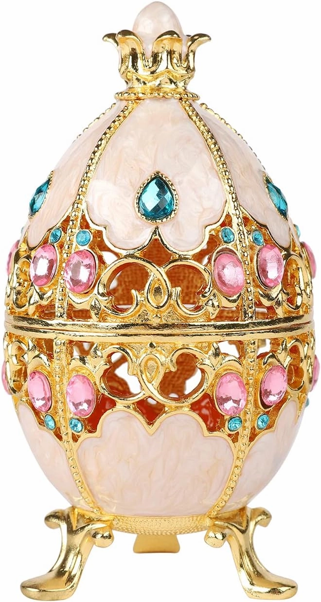 Trinket Box with Hinged White Hollow Out Easter Egg Enamel Jewelry Box Classic Ornaments Metal Craft Gift for Home Decor