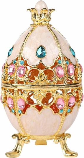 Trinket Box with Hinged White Hollow Out Easter Egg Enamel Jewelry Box Classic Ornaments Metal Craft Gift for Home Decor