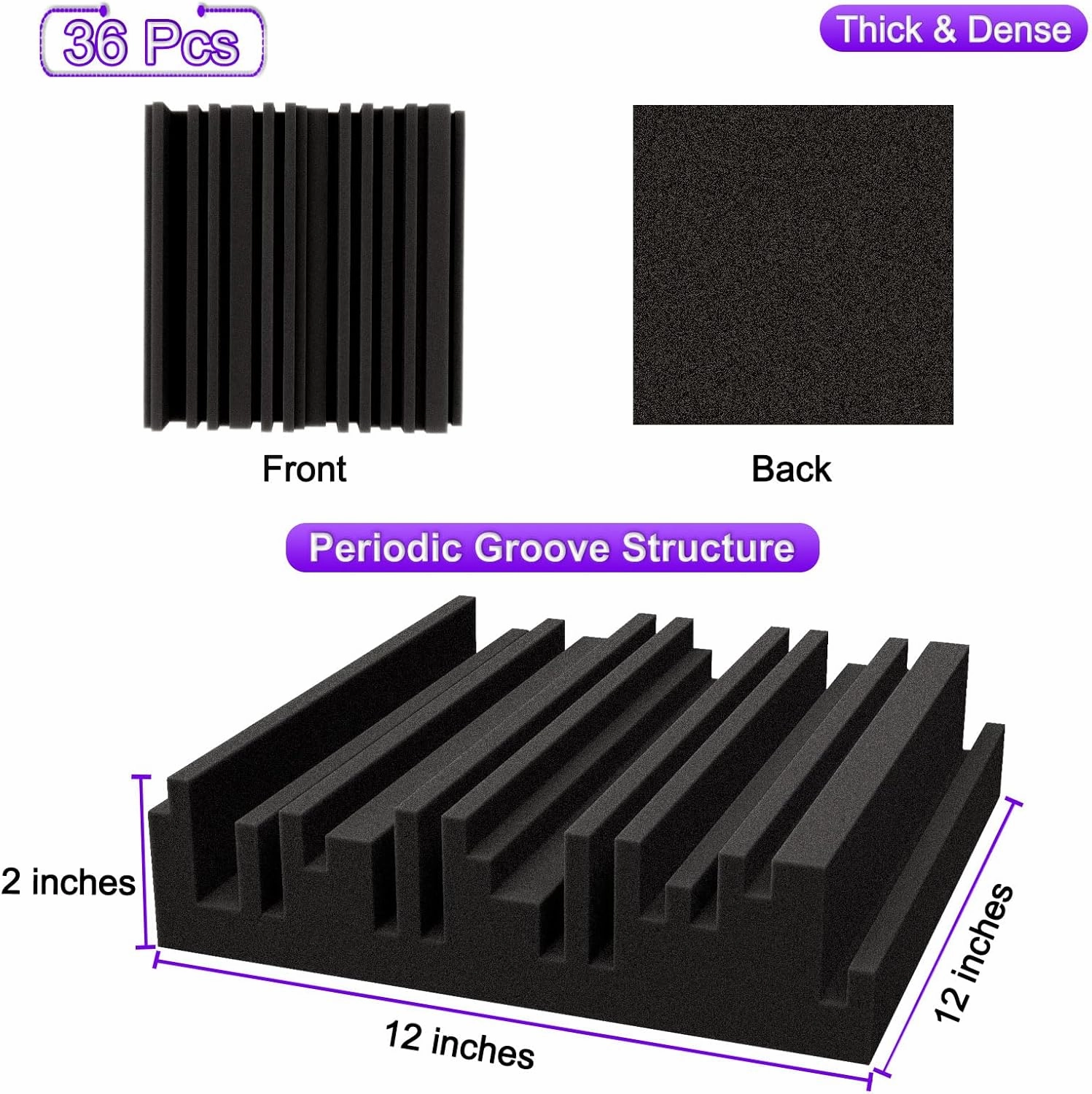 TroyStudio Thick Acoustic Foam Panels, 12 X 12 X 2 Inch 36 Pcs Broadband Sound Absorbing Foam, Dense Soundproof Padding Tile, Recording Studio Foam Absorber, Groove Decorative 3D Wall Ceiling Panel