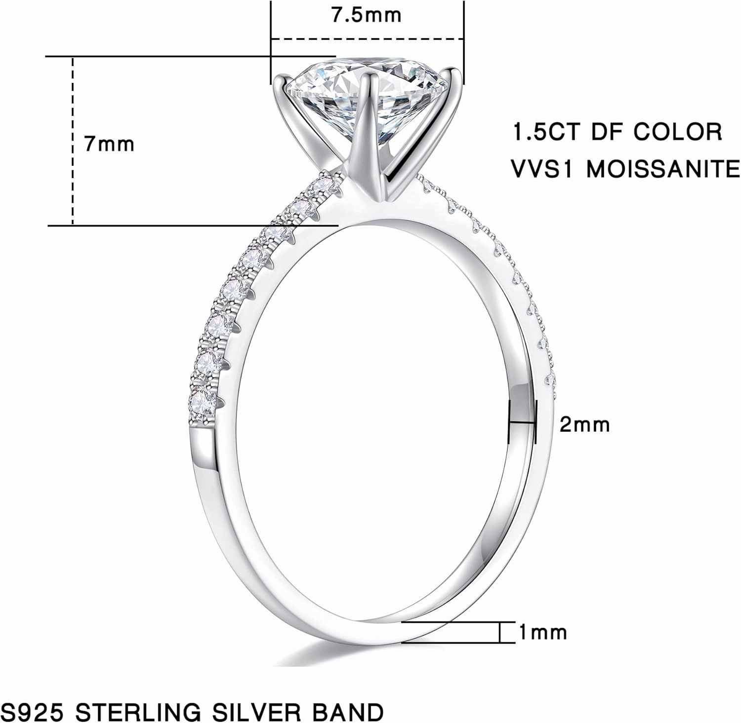 Turandoss 1.5CT Moissanite Rings for Women, D Color VVS1 Clarity Brilliant Round Cut Solitaire Lab Created Moissanite Ring Rhodium Plated Solid S925 Sterling Silver 4 Prong Moissanite Engagement Ring