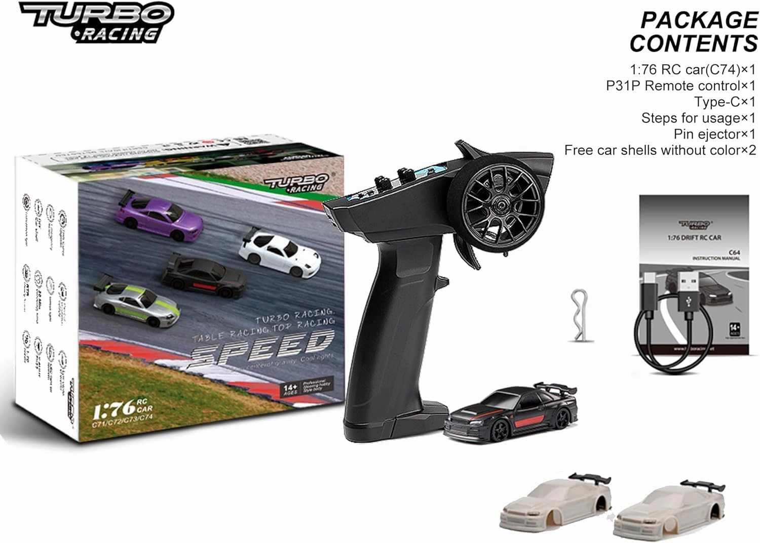 Turbo Racing 1:76 Scale Sport RC Car with Full Proportional RTR 2.4GHZ Remote Control with 2 Replaceable Body Shell (C74 Black)