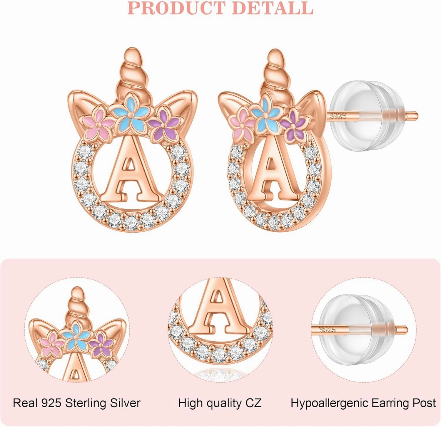 Unicorn Gifts for Girls - 14k Gold/White Gold/Rose Gold Plated Initial Earrings, Sterling Silver Post CZ Jewelry for Birthday