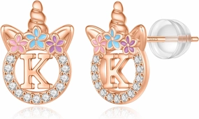 Unicorn Gifts for Girls - 14k Gold/White Gold/Rose Gold Plated Initial Earrings, Sterling Silver Post CZ Jewelry for Birthday