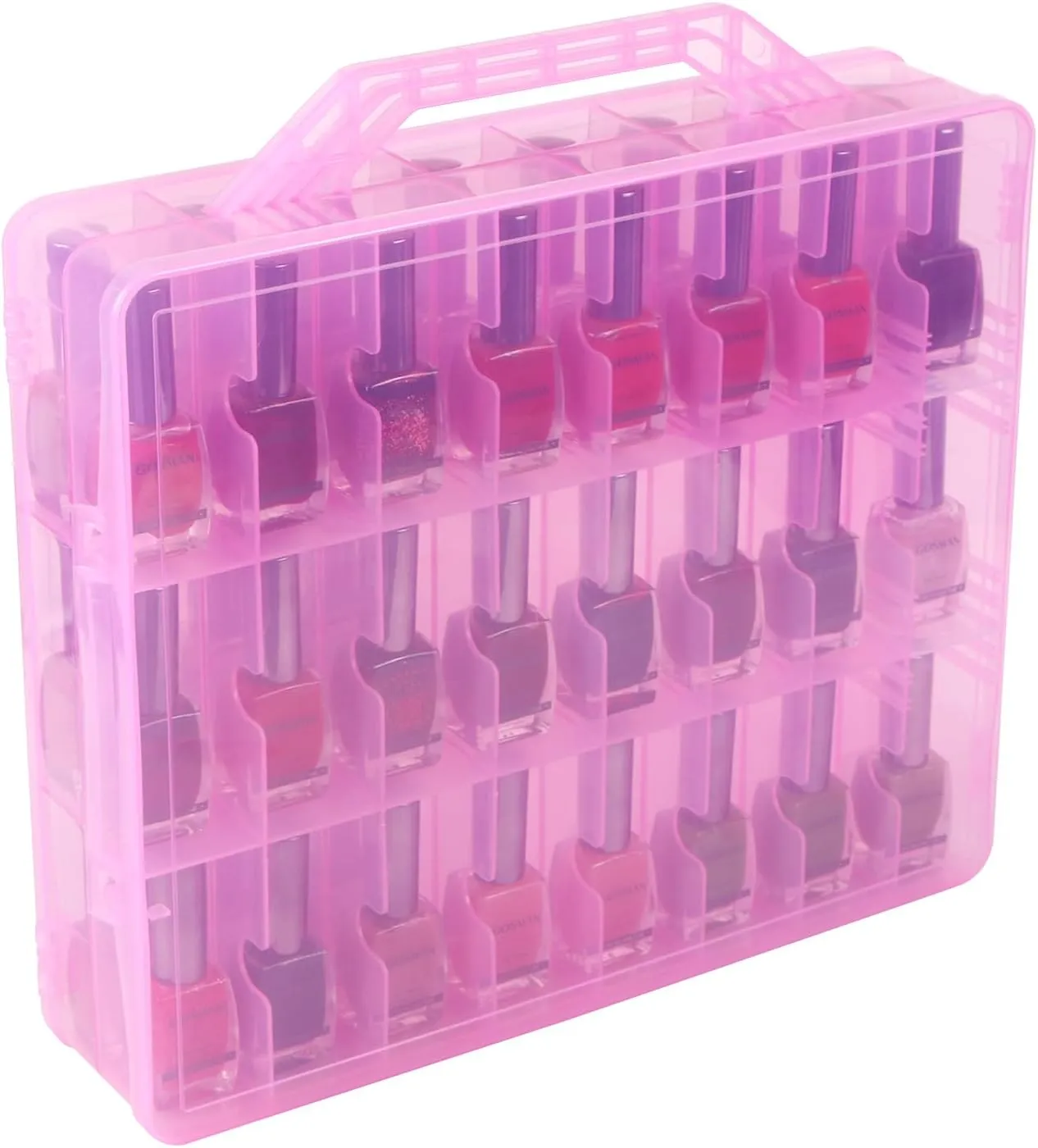 Universal Nail Polish Holder Gel Nail Polish Organizer Case for 48 Bottles Adjustable Dividers Space Saver,Double Sided Storage for Nail Bottles Mini Cars Threads Essential Oils (Pink)