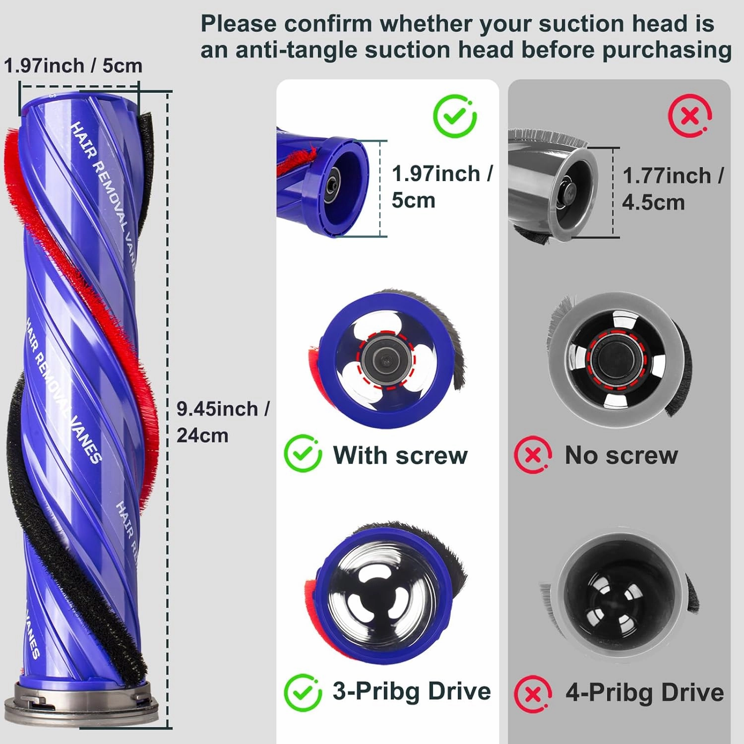 Upgrade Brush Roller For Dyson Anti-Tangle V8/V10/V11 Direct Drive Cordless Vacuum Head Attachments, For Dyson Roller Brush Part No. 972500-01, Reduces Hair Wrapping (3 Prong, tip is 4.85 cm)