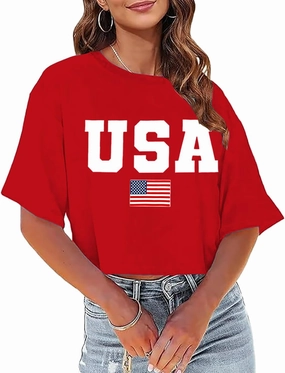 USA Shirts for Women American Flag Crop Shirt 4th of July Crop Top Patriotic T-Shirt Cropped Summer Tee Tops