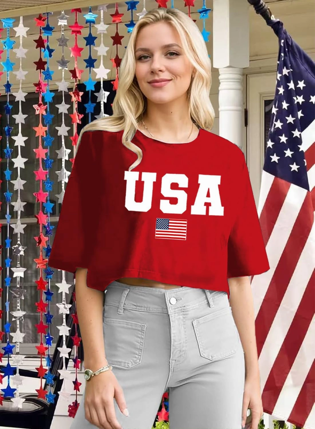 USA Shirts for Women American Flag Crop Shirt 4th of July Crop Top Patriotic T-Shirt Cropped Summer Tee Tops