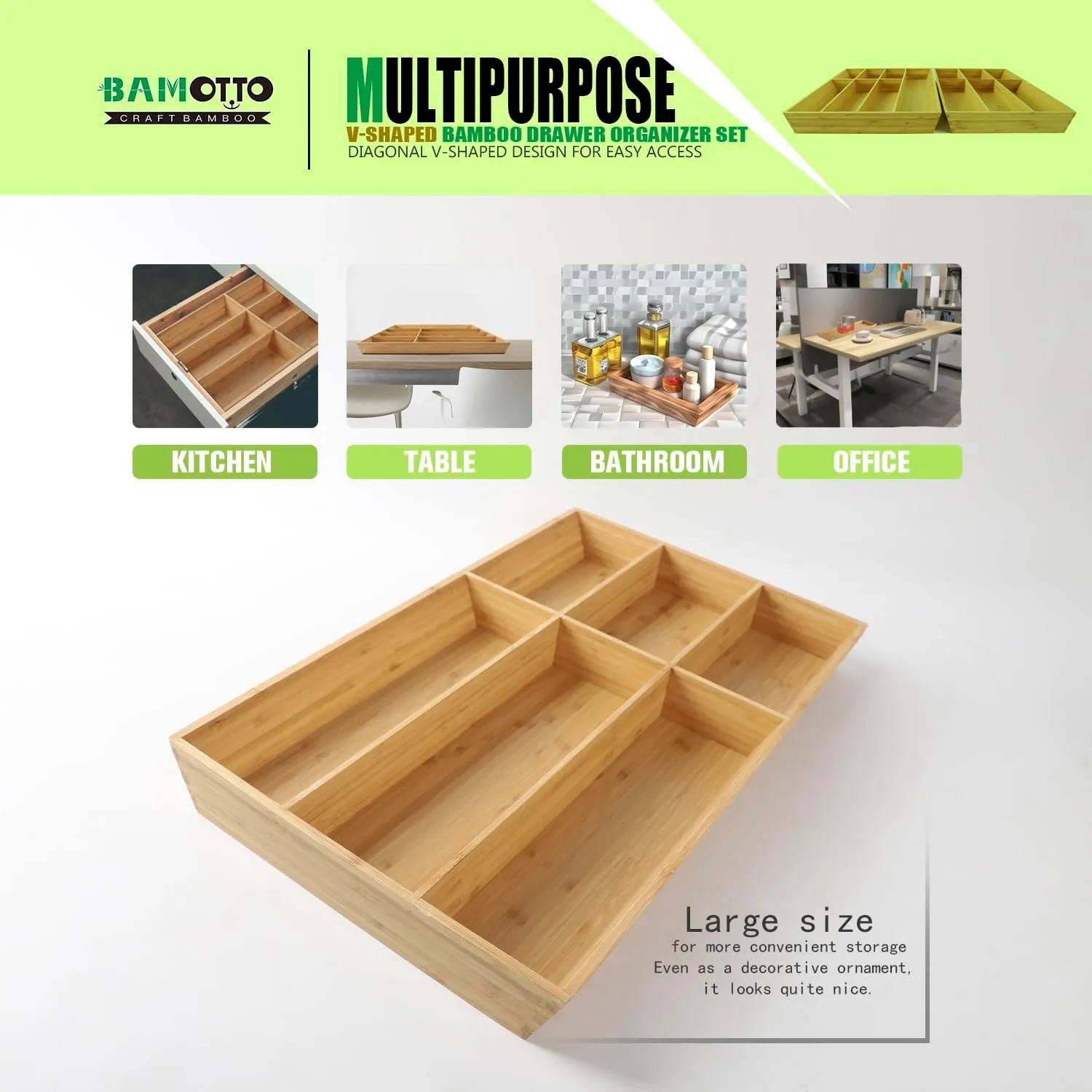 V-Shaped Extra Large Bamboo Drawer Organizer Set of 2, Kitchen Cutlery Tray Utensil Plate, Flatware&Silverware Storage Box, Wood Organizer for Bedroom, Living Room (19.6"x14.6" & 19.6"x12.4")