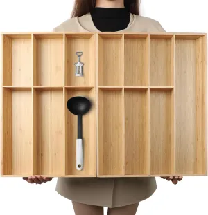 V-Shaped Extra Large Bamboo Drawer Organizer Set of 2, Kitchen Cutlery Tray Utensil Plate, Flatware&Silverware Storage Box, Wood Organizer for Bedroom, Living Room (19.6"x14.6" & 19.6"x12.4")