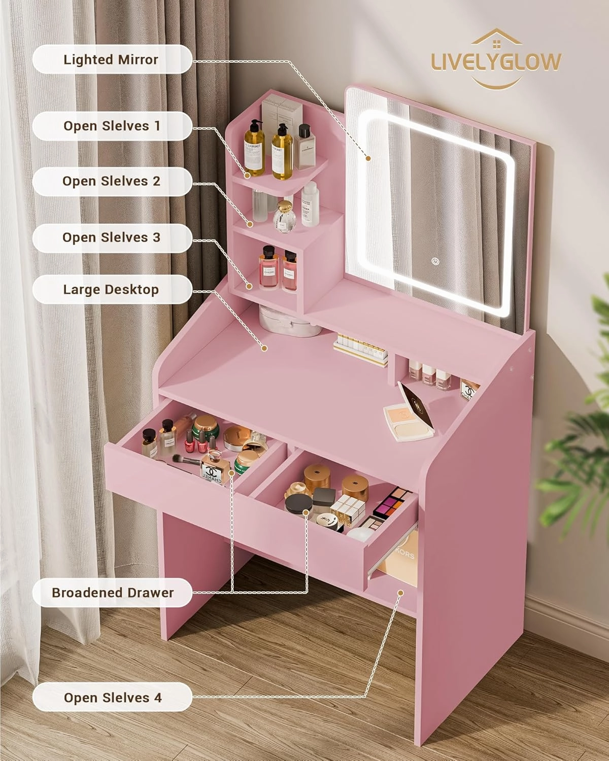 Vanity Desk Set with Square Makeup Mirror and Light- Small Vanity Table with Drawers- Pink