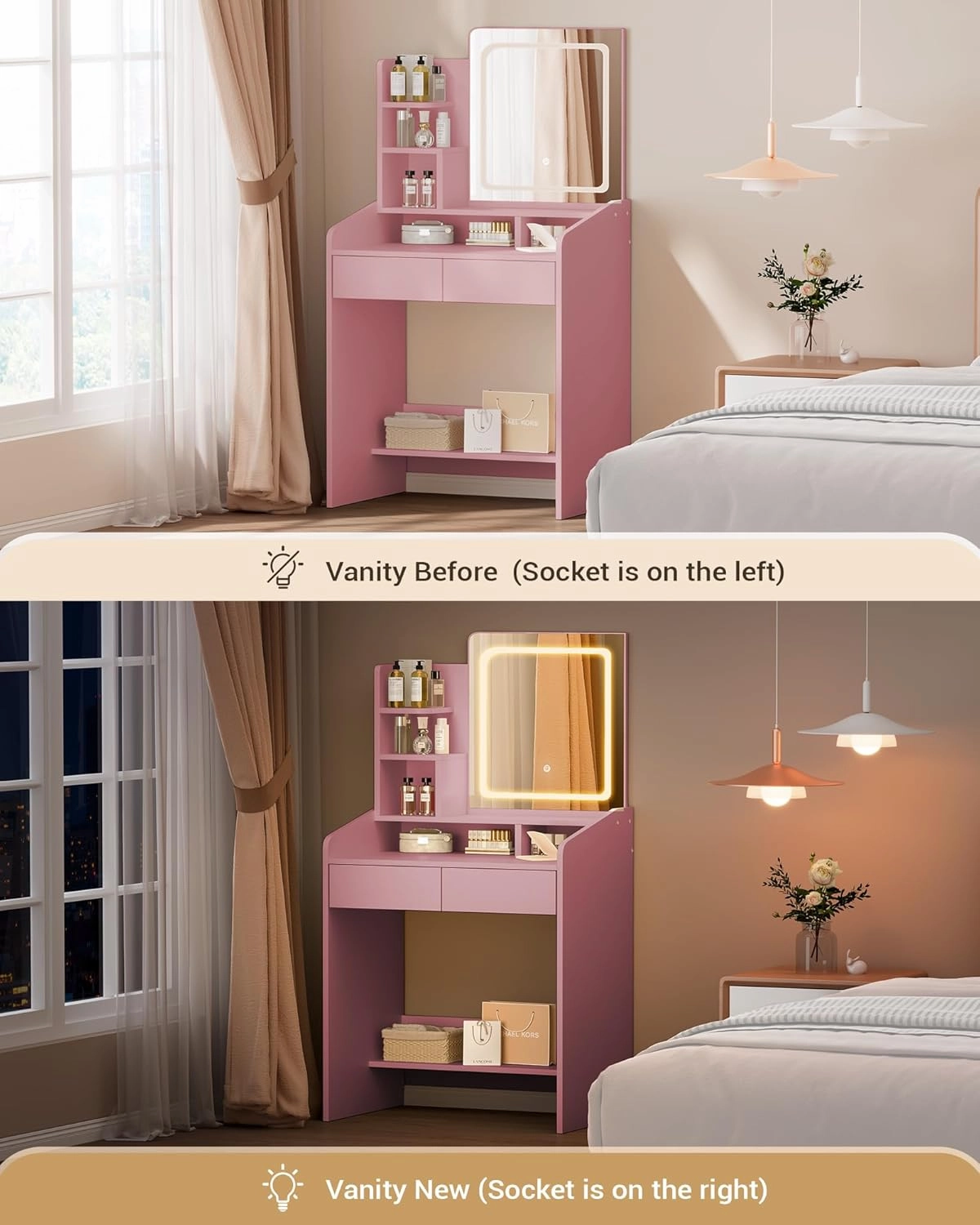 Vanity Desk Set with Square Makeup Mirror and Light- Small Vanity Table with Drawers- Pink