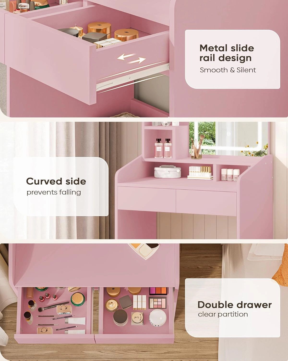 Vanity Desk Set with Square Makeup Mirror and Light- Small Vanity Table with Drawers- Pink