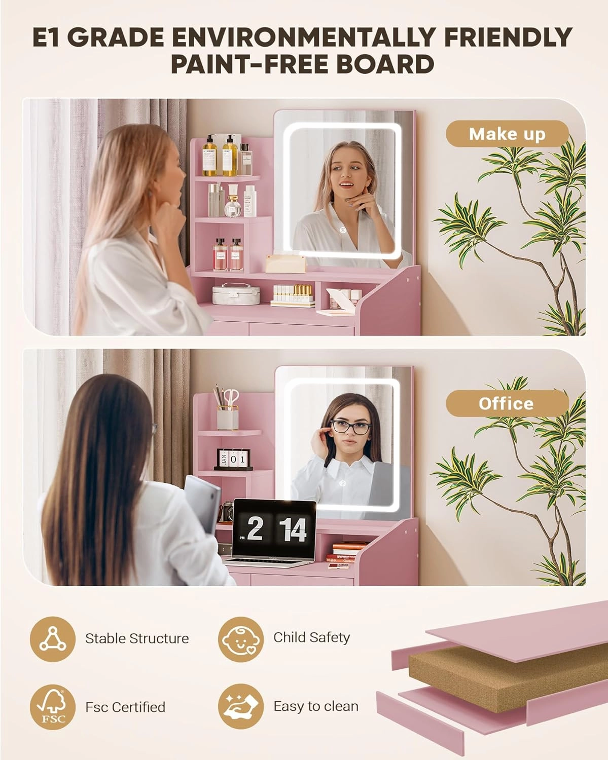 Vanity Desk Set with Square Makeup Mirror and Light- Small Vanity Table with Drawers- Pink