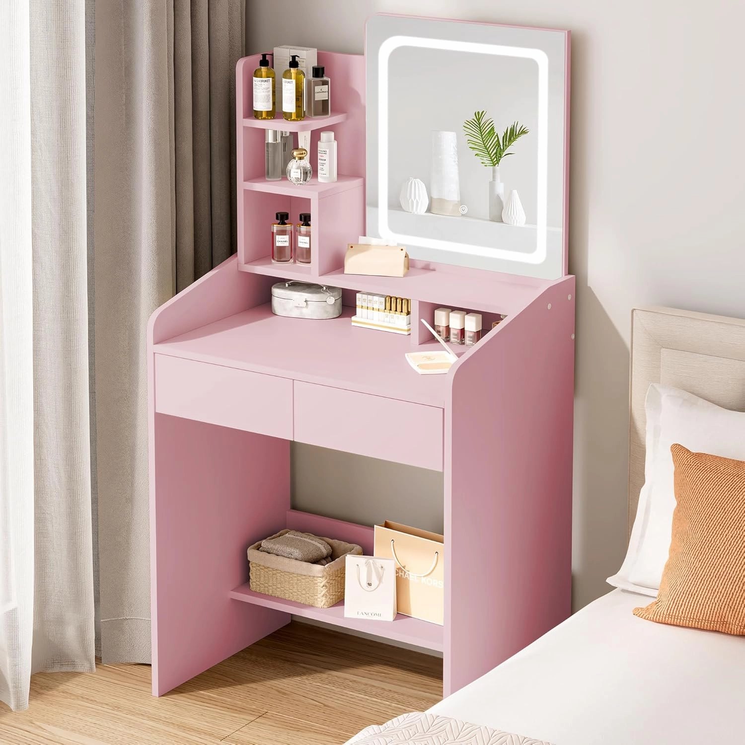 Vanity Desk Set with Square Makeup Mirror and Light- Small Vanity Table with Drawers- Pink