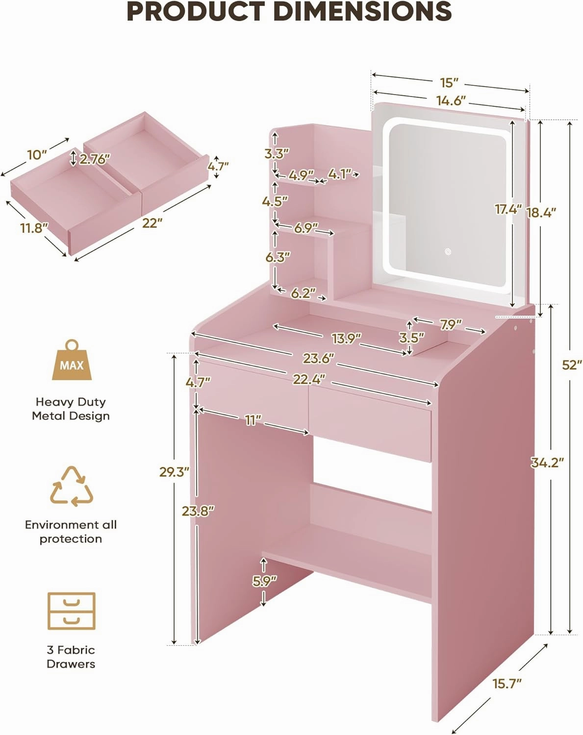 Vanity Desk Set with Square Makeup Mirror and Light- Small Vanity Table with Drawers- Pink