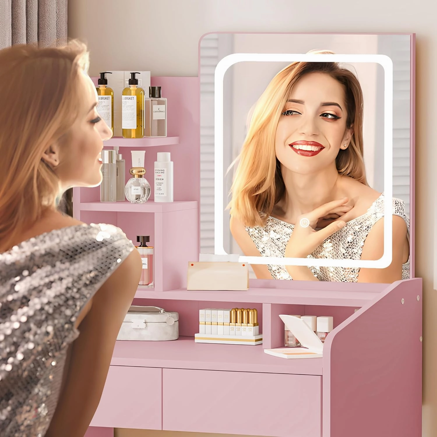 Vanity Desk Set with Square Makeup Mirror and Light- Small Vanity Table with Drawers- Pink