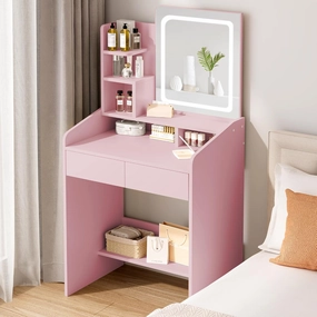 Vanity Desk Set with Square Makeup Mirror and Light- Small Vanity Table with Drawers- Pink