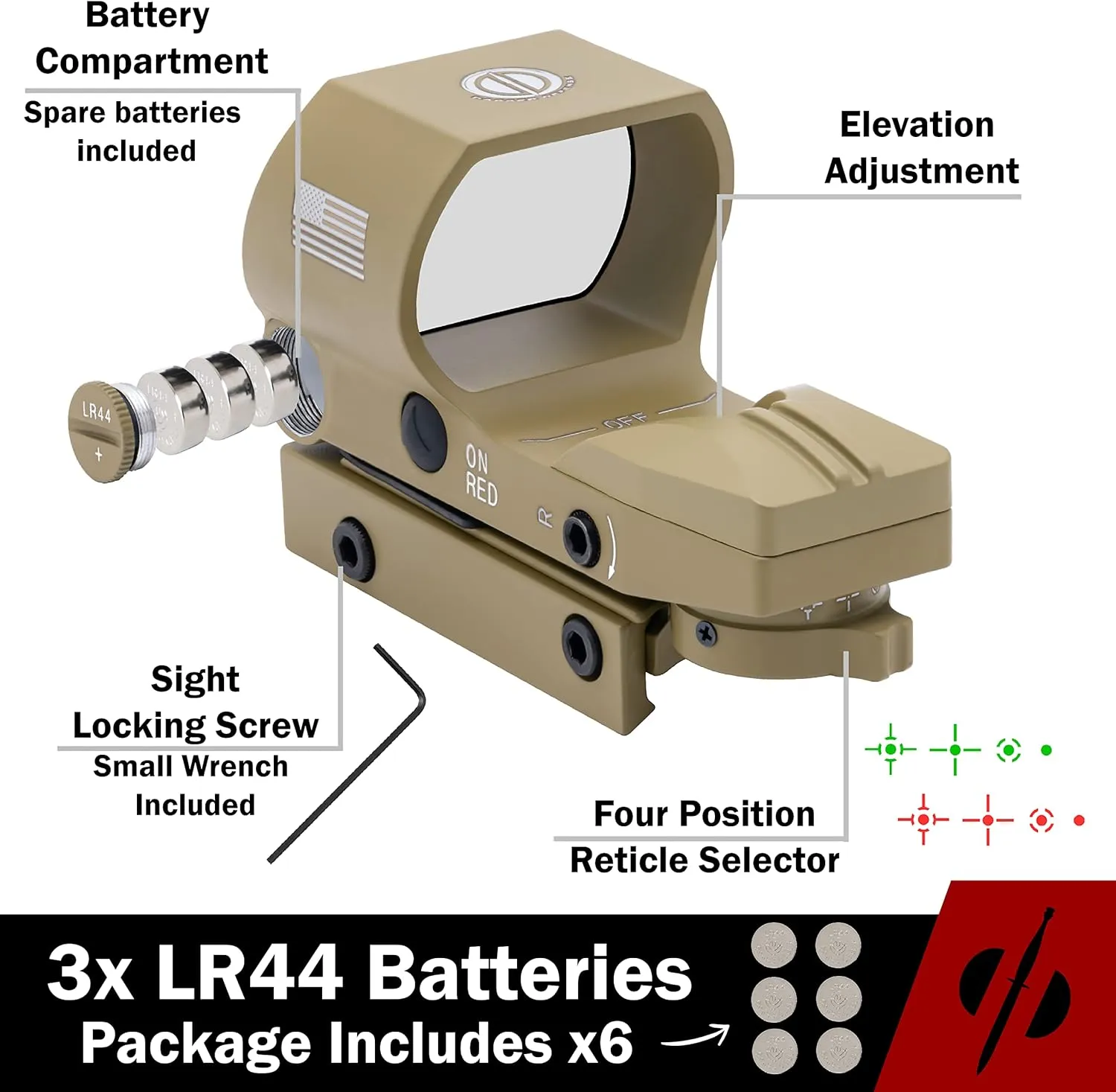 Veteran Owned DD119 Battle Flag Edition red dot Sight, Reflex Sight. Red and Green reticles