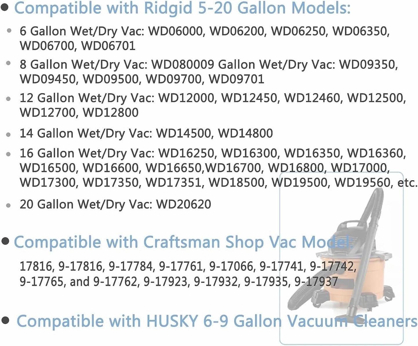 VF6000 Wet/Dry Replacement Filter for Ridgid 5-20 Gallon Wet Dry Vacuums WD5500 WD0671 WD6425 WD7000 WD1280 WD1851 WD1680 WD1956 RV2400A 1400RV RV2600B,Fit for Husky 6-9 Gallon Vacs 2 Pack