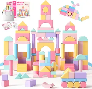 VigorFun 110 PCS Wooden Building Blocks Set - Construction Stacking Toy with Storage Bag, Montessori Preschool Toys for Toddlers Kids Birthday Gifts Ages 3 