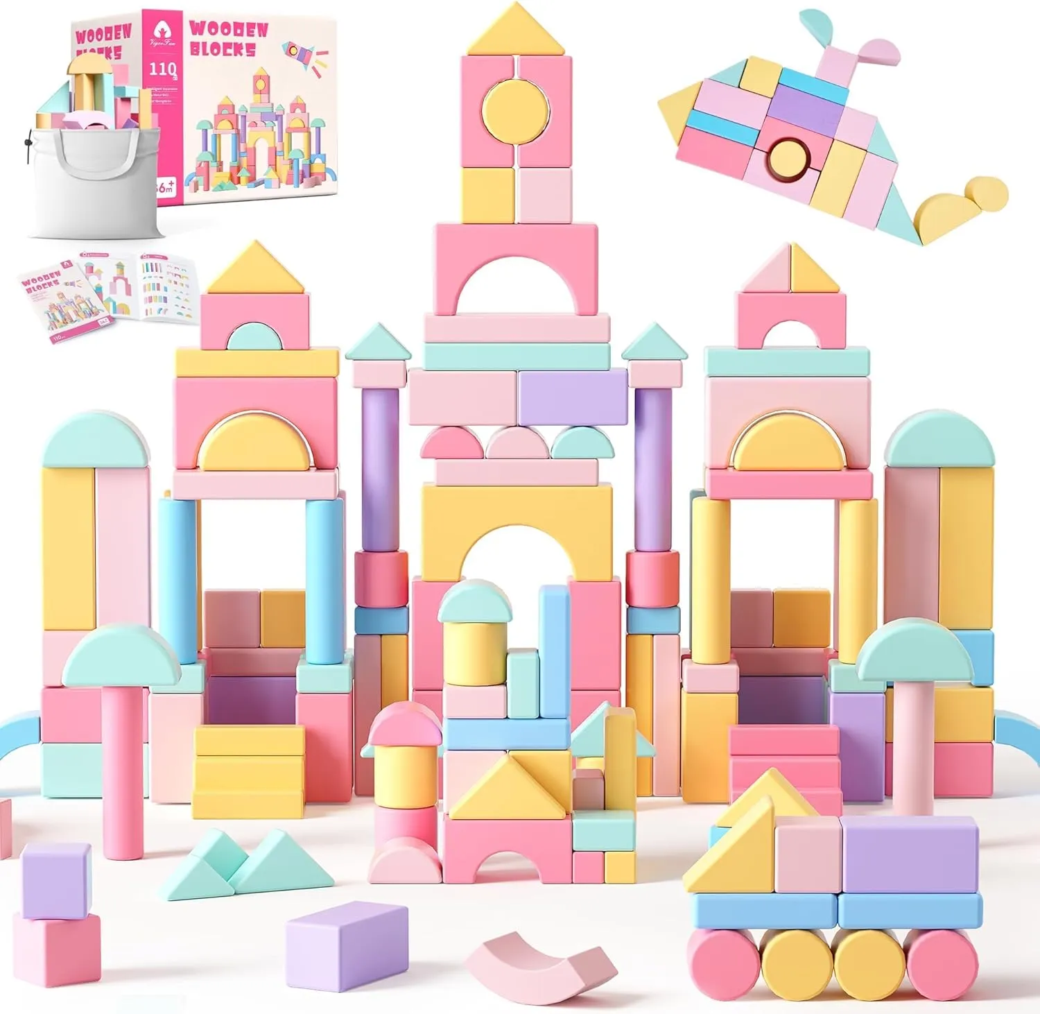 VigorFun 110 PCS Wooden Building Blocks Set - Construction Stacking Toy with Storage Bag, Montessori Preschool Toys for Toddlers Kids Birthday Gifts Ages 3 