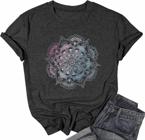 Vintage Boho Graphic Tees for Women Summer Round Neck Nature Cottagecore Tee Tops