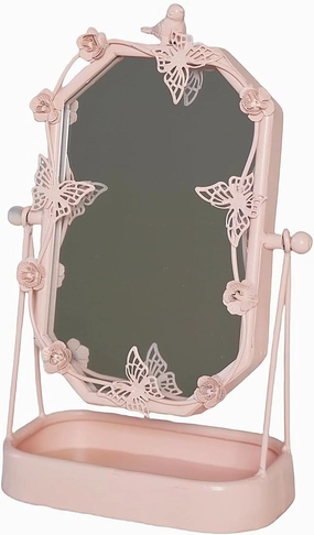 Vintage Pink Tabletop Makeup Mirror, Bird & Butterfly Decorative Vanity Mirror, 12.8” x 8.2” Retro Metal Standing Mirror for Dresser, Bedroom, and Bathroom