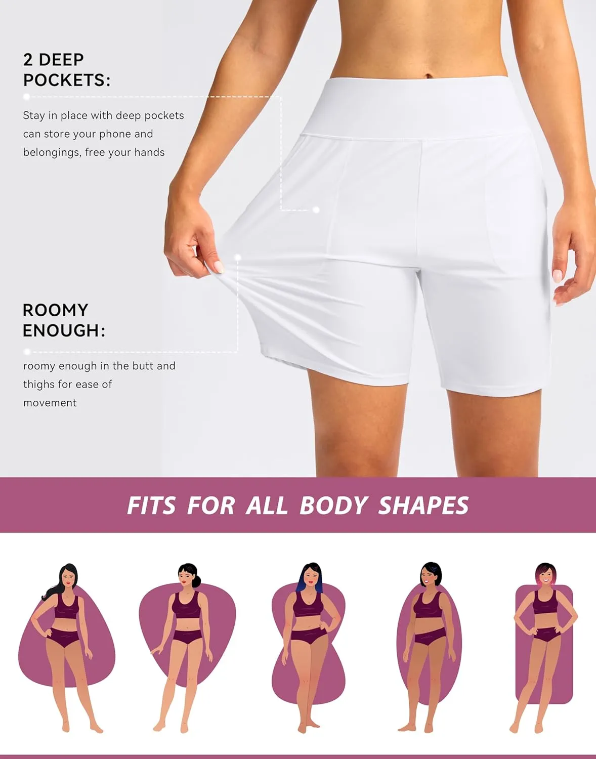 Viodia Women's 9" Long Swim Board Shorts with Pockets High Waisted Beach Swimsuits Knee Length Short for Women with Liner