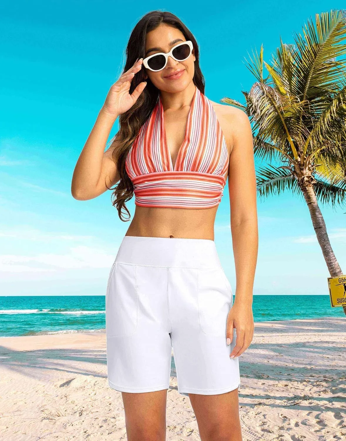 Viodia Women's 9" Long Swim Board Shorts with Pockets High Waisted Beach Swimsuits Knee Length Short for Women with Liner