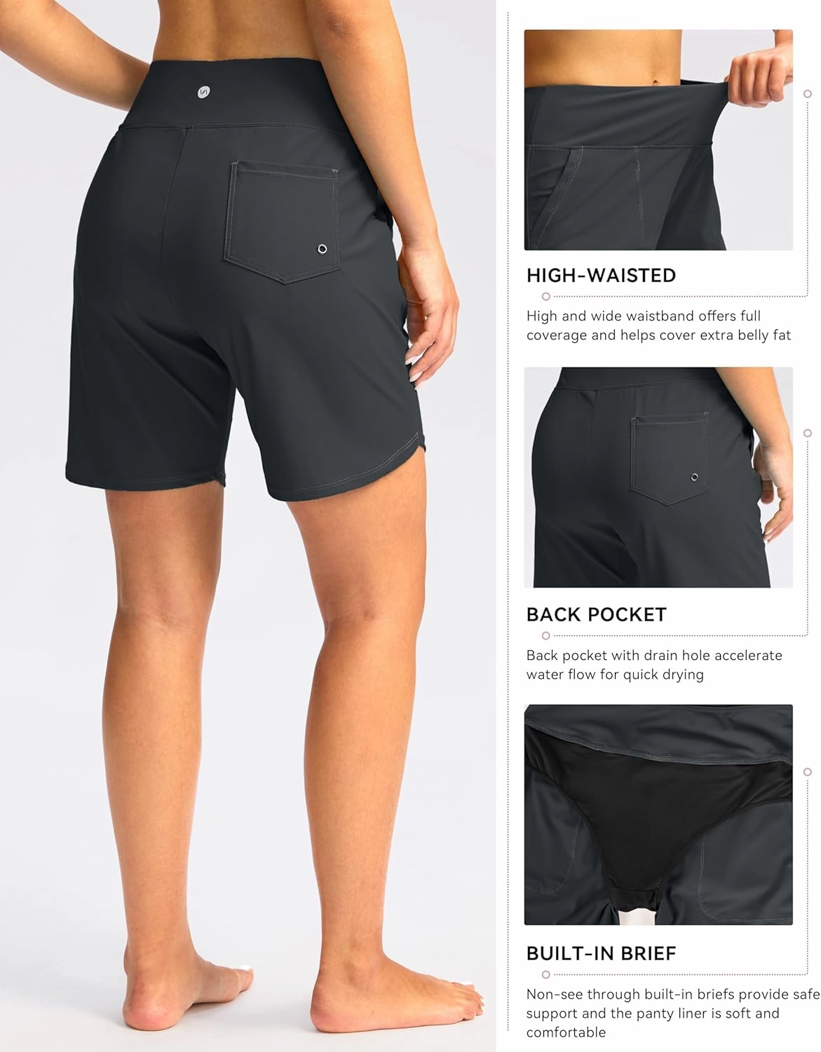 Viodia Women's 9" Long Swim Board Shorts with Pockets High Waisted Beach Swimsuits Knee Length Short for Women with Liner