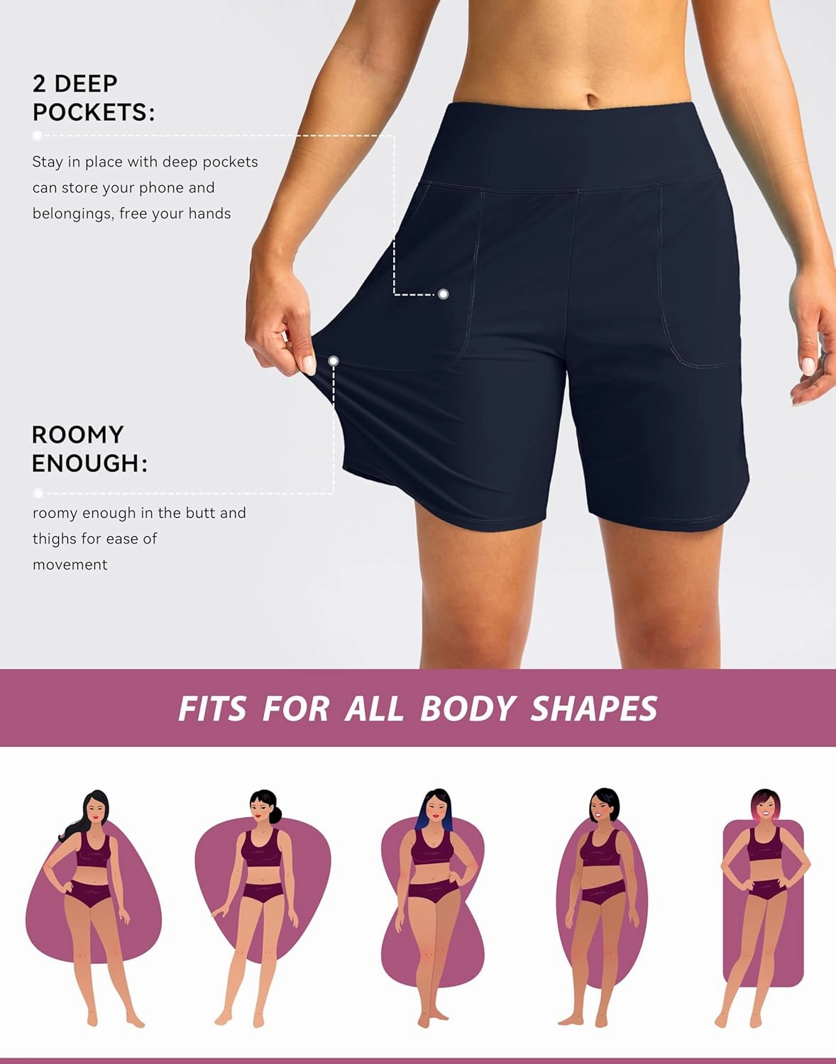 Viodia Women's 9" Long Swim Board Shorts with Pockets High Waisted Beach Swimsuits Knee Length Short for Women with Liner
