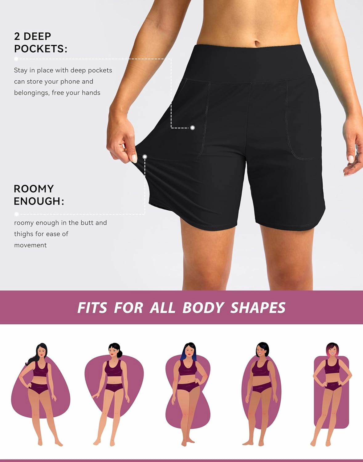 Viodia Women's 9" Long Swim Board Shorts with Pockets High Waisted Beach Swimsuits Knee Length Short for Women with Liner