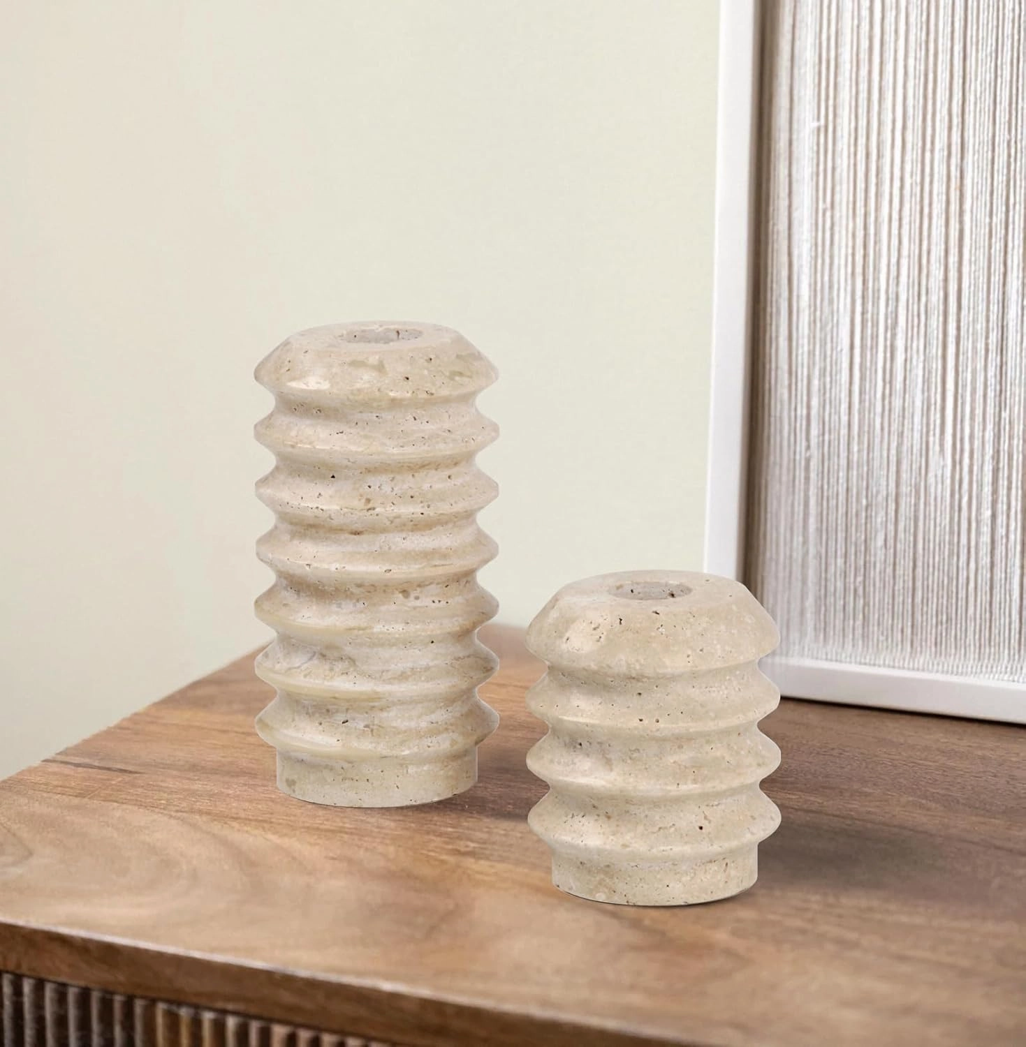 Vixdonos Taper Candle Holder Set Natural Travertine Candlestick Holder Mantle Candle Stand with Natural Stone Holes for Home Decor,Wedding,Party and Table Centerpieces(White)