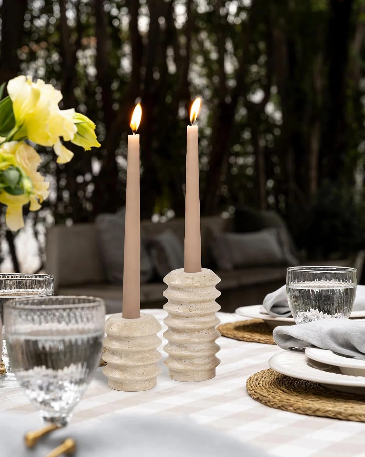 Vixdonos Taper Candle Holder Set Natural Travertine Candlestick Holder Mantle Candle Stand with Natural Stone Holes for Home Decor,Wedding,Party and Table Centerpieces(White)