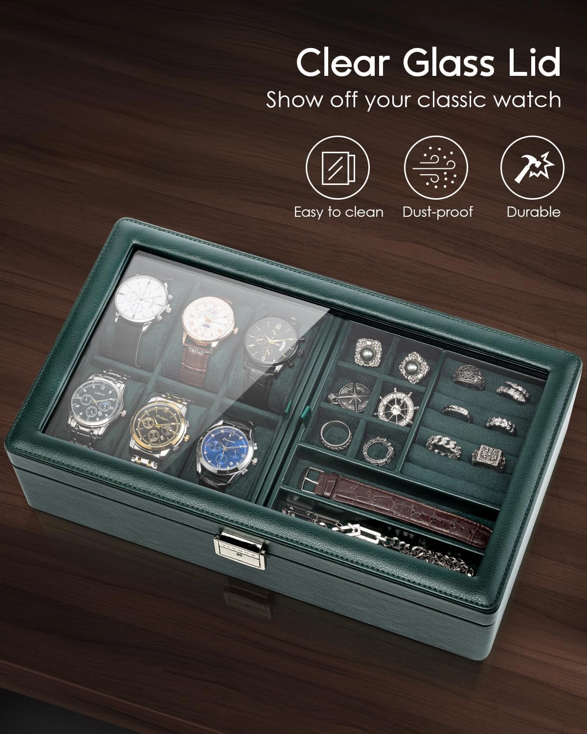 Vlando 6-Slot Watch Box Organize, Lockable Watch Case with Textured Leather, 2 Layer Watch Holder for Rings, Bracelets, Glasses, Glass Lid, Removable Divider, Gift for Fathers, Husband, Friend, Green