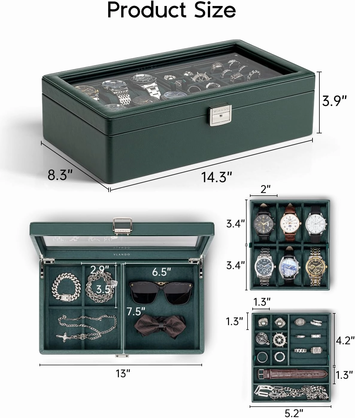 Vlando 6-Slot Watch Box Organize, Lockable Watch Case with Textured Leather, 2 Layer Watch Holder for Rings, Bracelets, Glasses, Glass Lid, Removable Divider, Gift for Fathers, Husband, Friend, Green